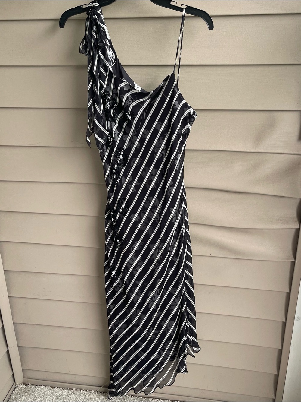 Laundry Y2K Whimsigoth Beaded Silk Dress Size 12 Black Midi Asymmetric Floral 90